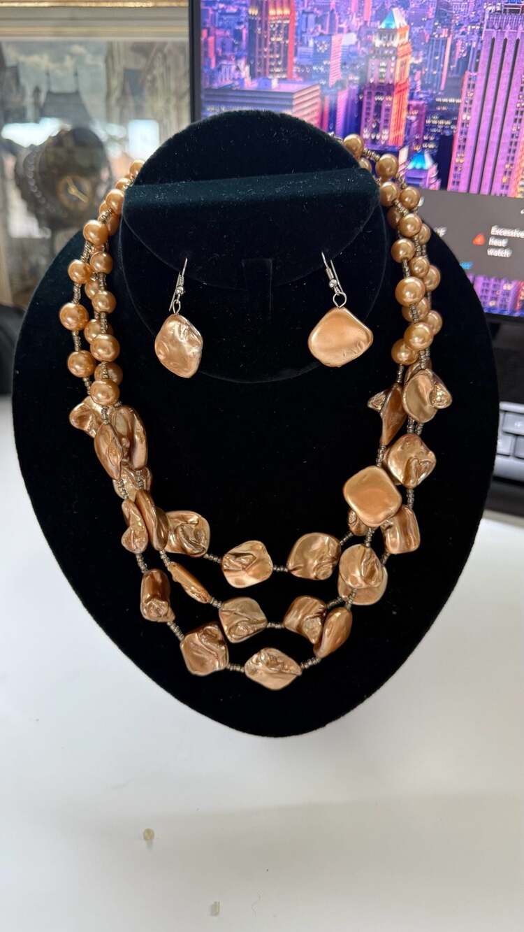 Triple Strand Champagne Teardrop and Baroque Style Shell Pearl Necklace Set